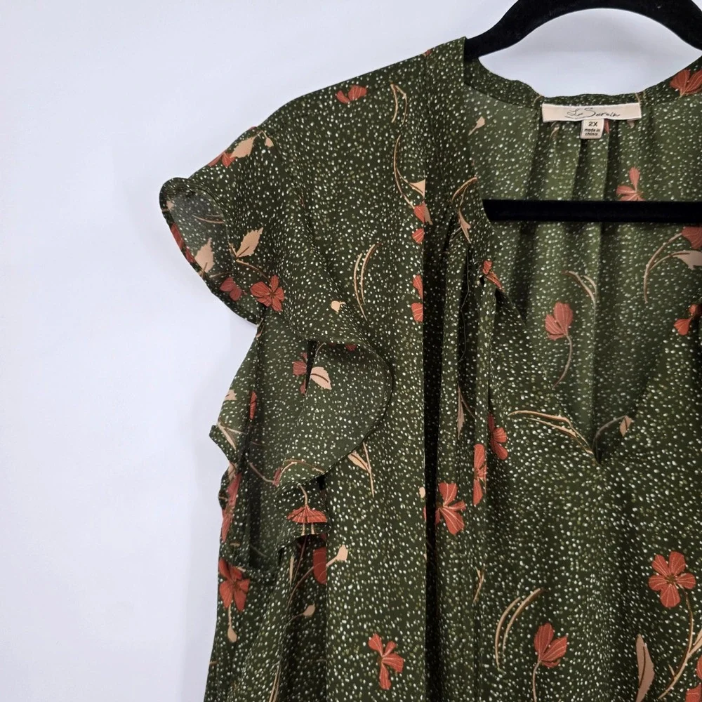 Les Serein Womens 2X Olive Green Floral Ruffle Cap Sleeve V-Neck Tie Blouse - Picture 3 of 10